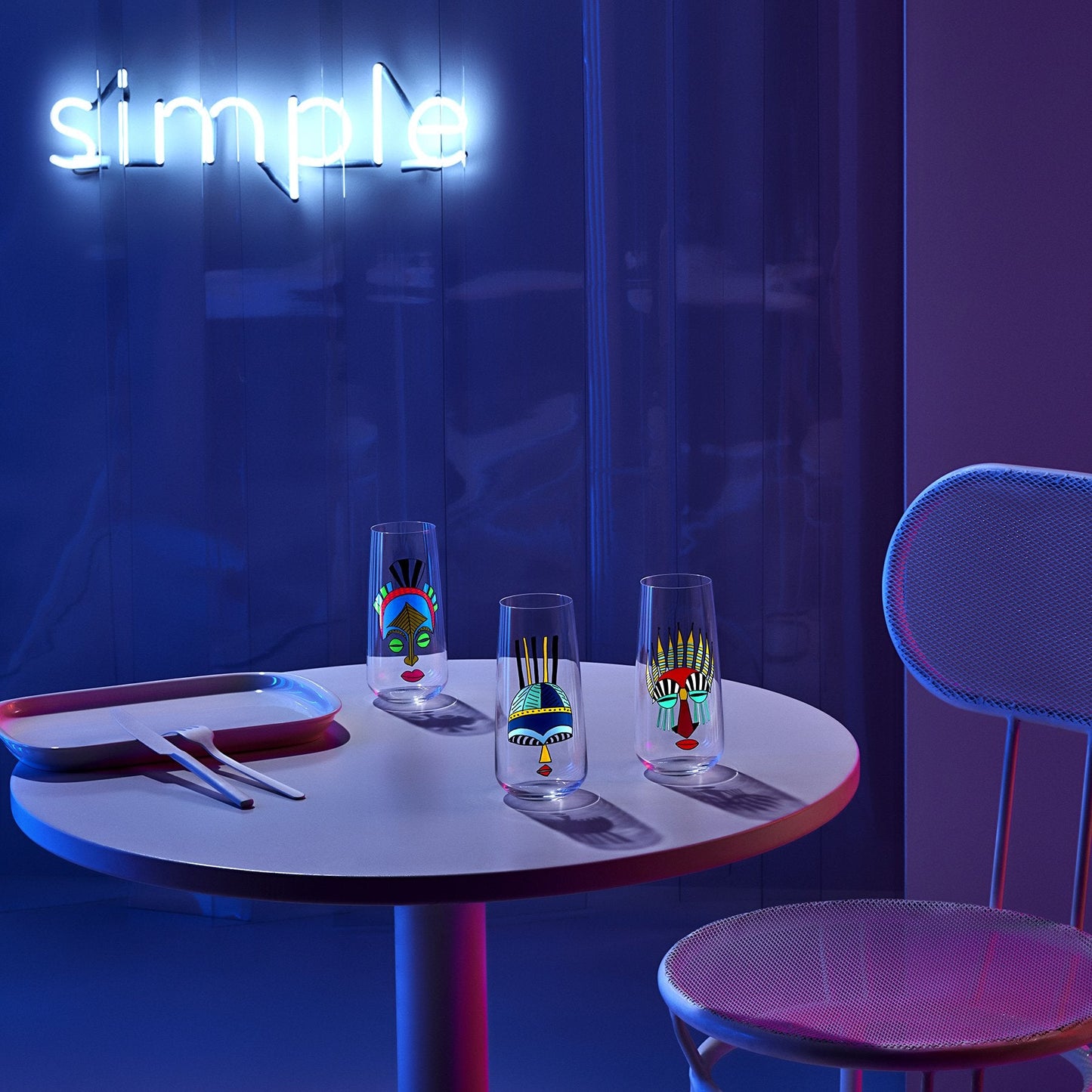Lifestyle image of NUDE Mirage Rock & Pop collection in neon table scenery