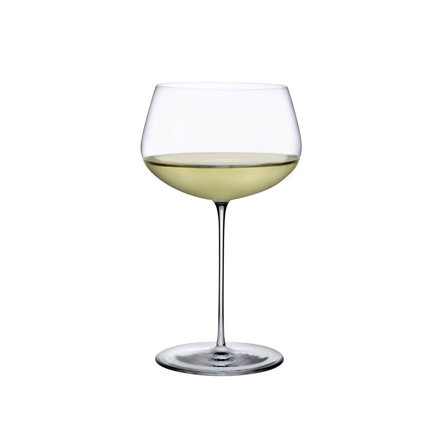 A clear, large Stem Zero full bodied white wine glass with a substantial silhouette, containing a small amount of white wine.
