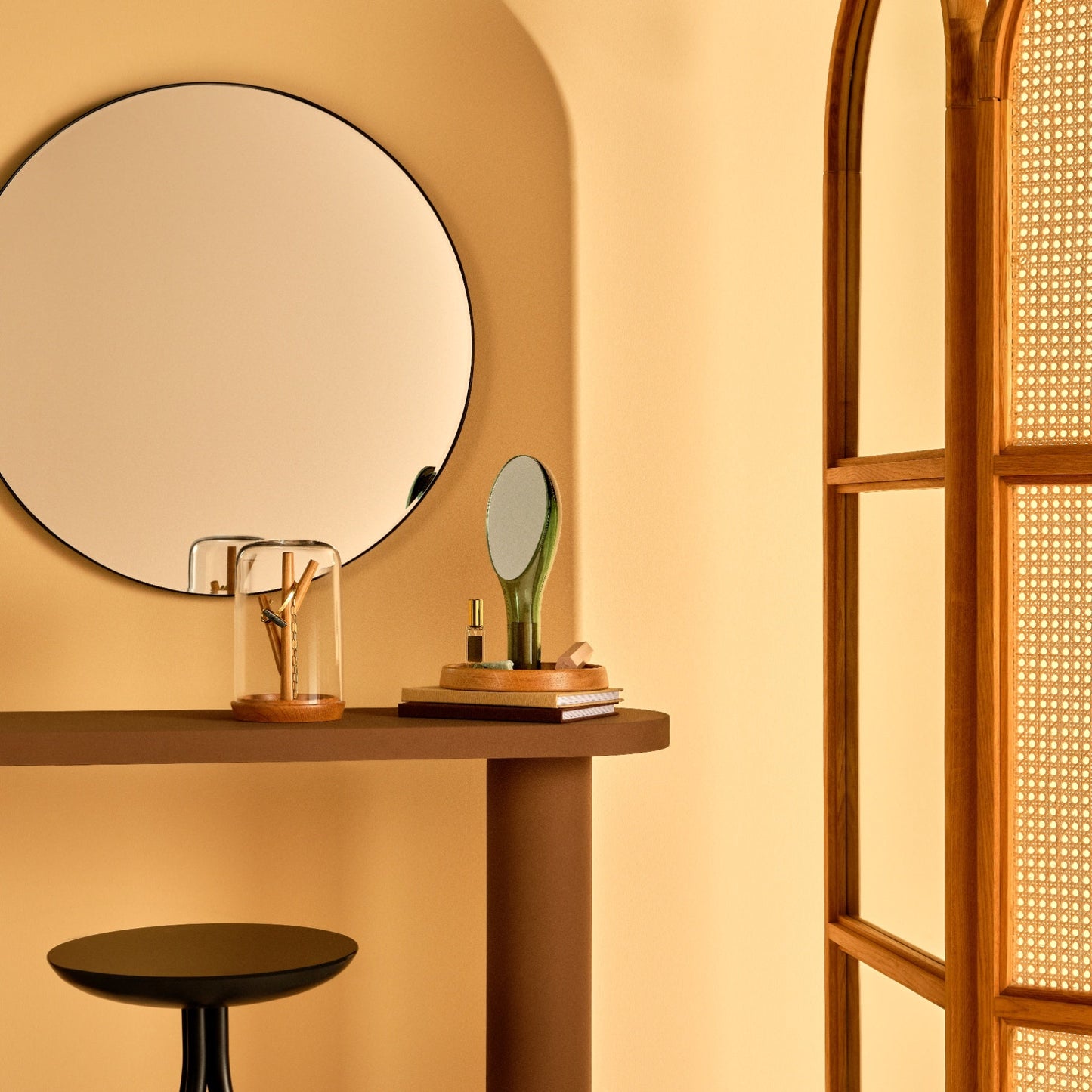 Moon Mirror with Oak Stand